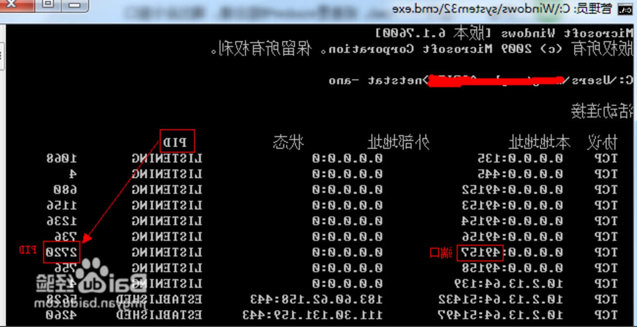 查看被占用端口对应的PID